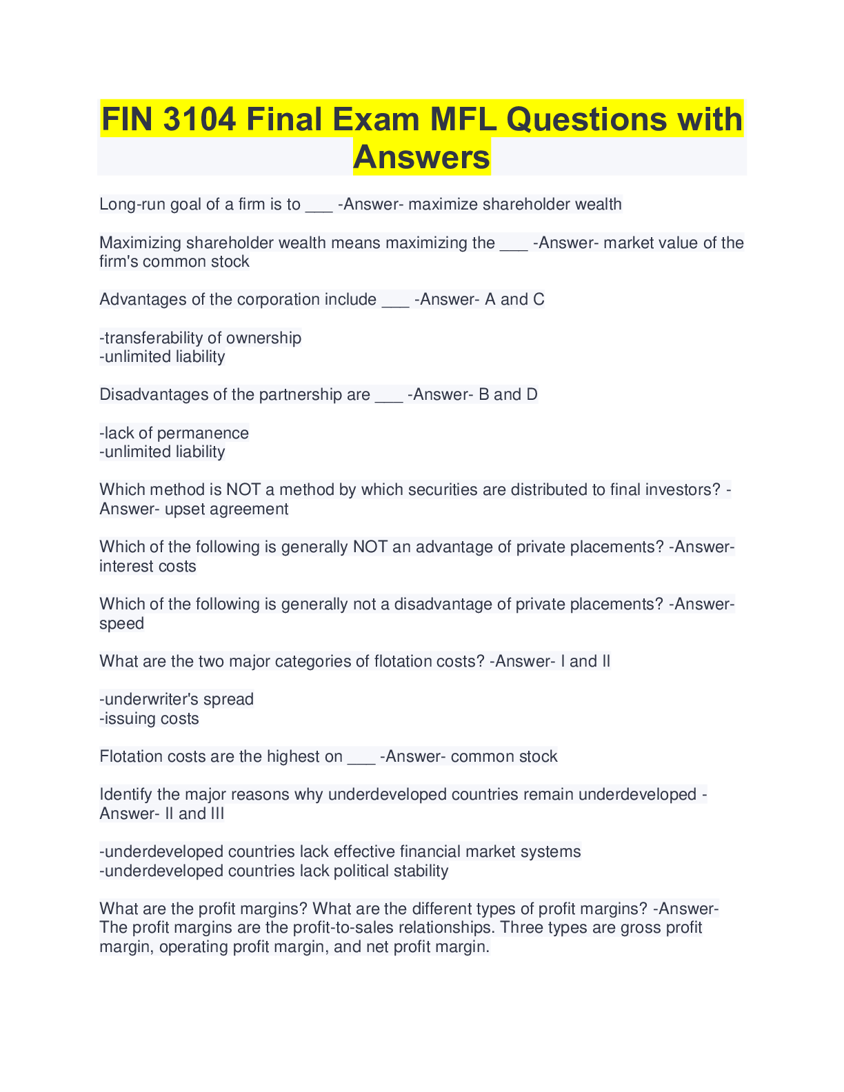 Preview image for FIN 3104 Final Exam MFL Questions with Answers